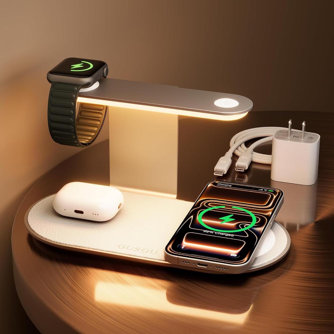 GUSGU 3 in 1 Charging Station for MagSafe Wireless Charger with Three-Level Night Light, 15W Max Fast Charging for iPhone 17/16/15/14/13/, Apple Watch Series 2-11/SE 3/ Ultra 3, AirPods Pro 3-Gray (White)