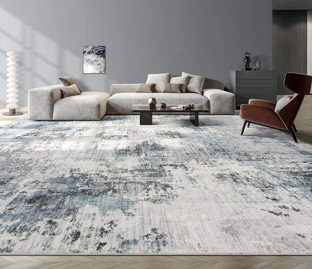 Washable 12x14 Area Rugs for Living Room: Abstract Modern Home Decor Rug | Soft Stain Resistant, Non-Slip, Pet & Kid Friendly - Large Carpet for Bedroom/Dining Room/Office/Nursery Grey Blue
