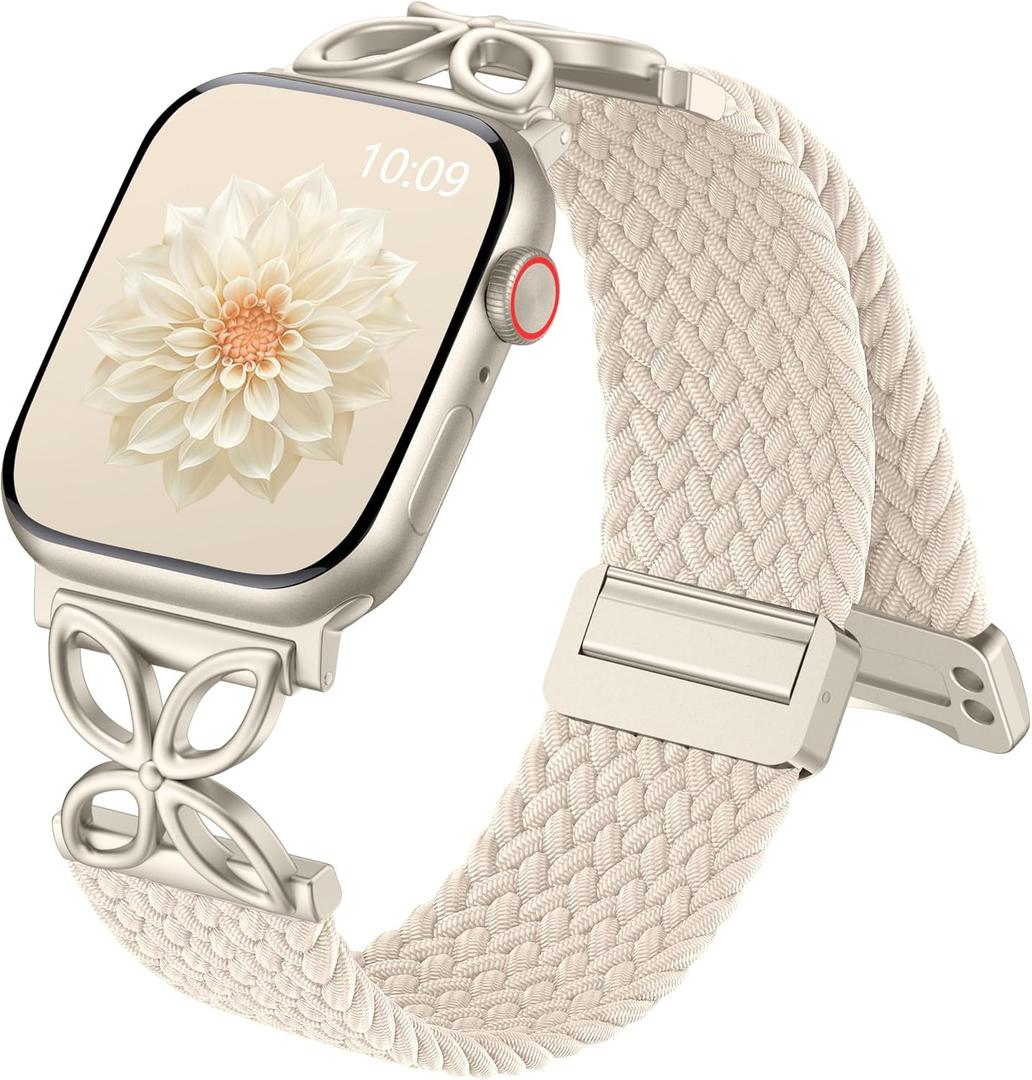 SNBLK Braided Magnetic Band Compatible with Apple Watch Bands for Women 40mm 41mm 42mm 44mm 45mm 46mm 49mm 38mm, Dressy Floral Stretchy Nylon Strap for iWatch SE Series 11 10 9 8 7 6 5 4 Ultra 3 2 1