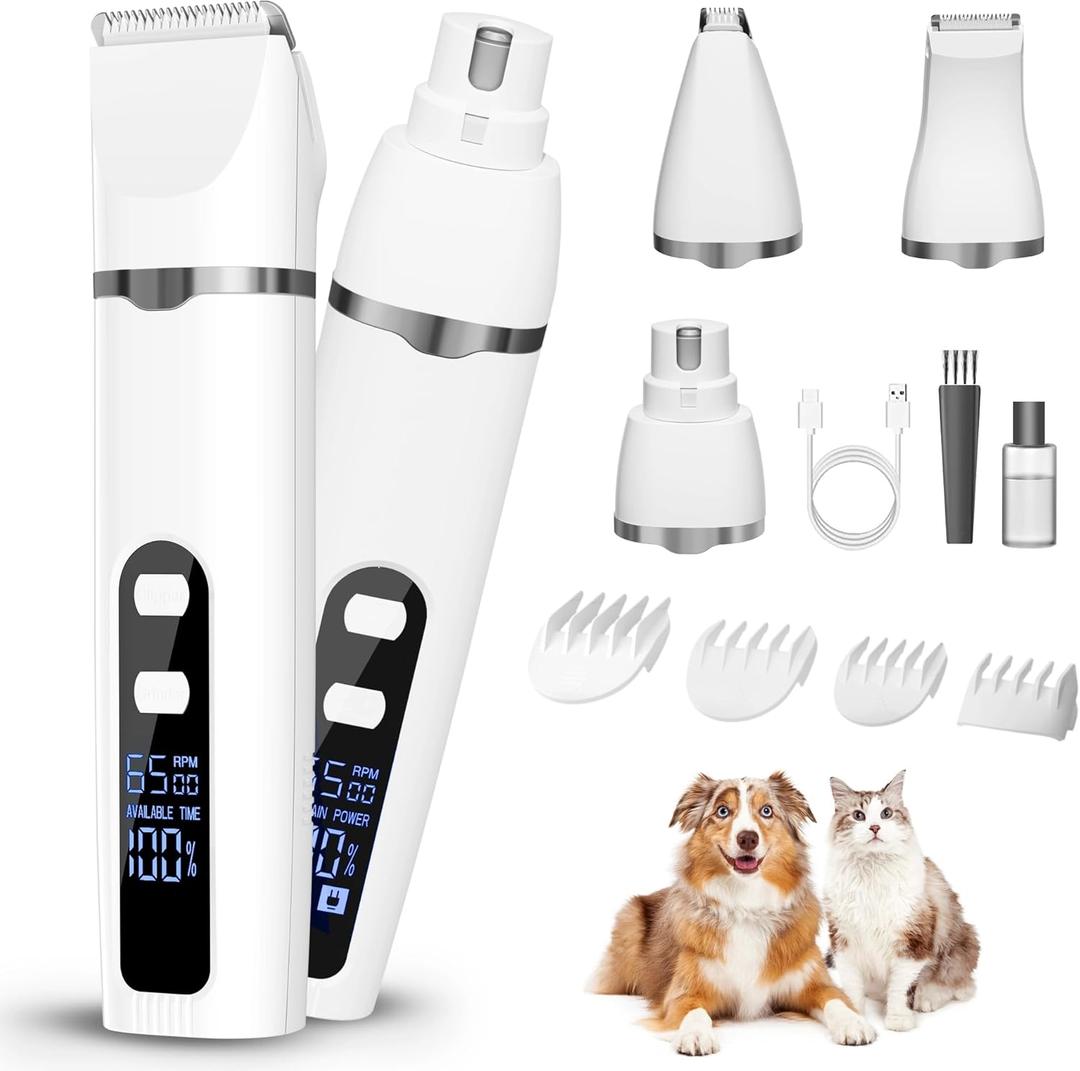 Dog Grooming Kit Hair Clipper with LCD Display - Low Noise Pet Hair Trimmer, Dog Nail Grinder Clippers for Grooming, Rechargeable Cordless Waterproof Paw Trimmer for Cats and Other Pets (Silver)