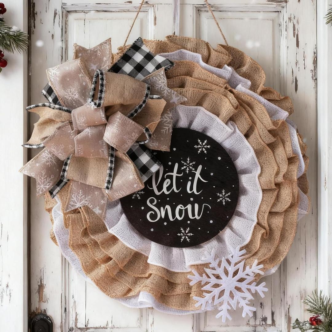 Hoteam 16 Inch Winter Wreaths for Front Door Snowflake Mesh Winter Let It Snow Wreath Sign Hanging Decor for Christmas Holiday Indoor Porch Outdoor Home Window Gift