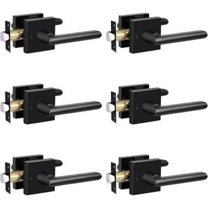 HOSOM 6 Pack Passage Door Lever for Closet Hall Heavy Duty Door Handle with Square Plate Left or Right Handing Levers Door Handles Interior No Locking Matte Black