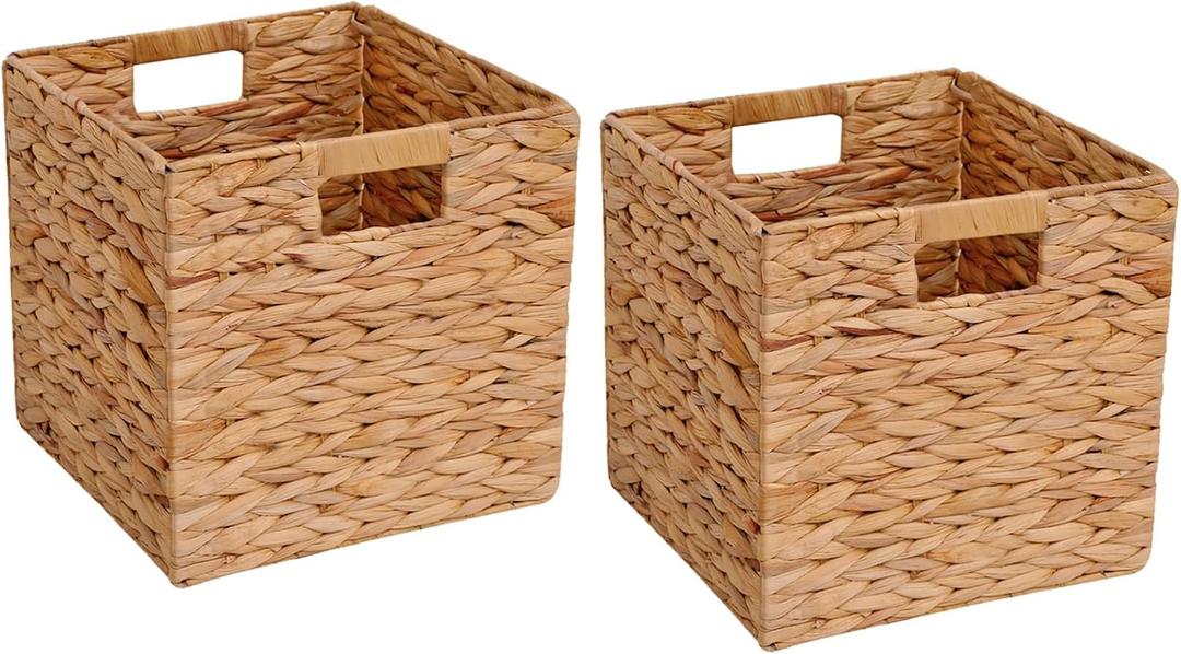 Wicker Storage Basket Foldable Hyacinth Storage Box Set of 2, 12x12x12 Inch - Handmade Woven Basket for Closet,Shelf Organization & Decor