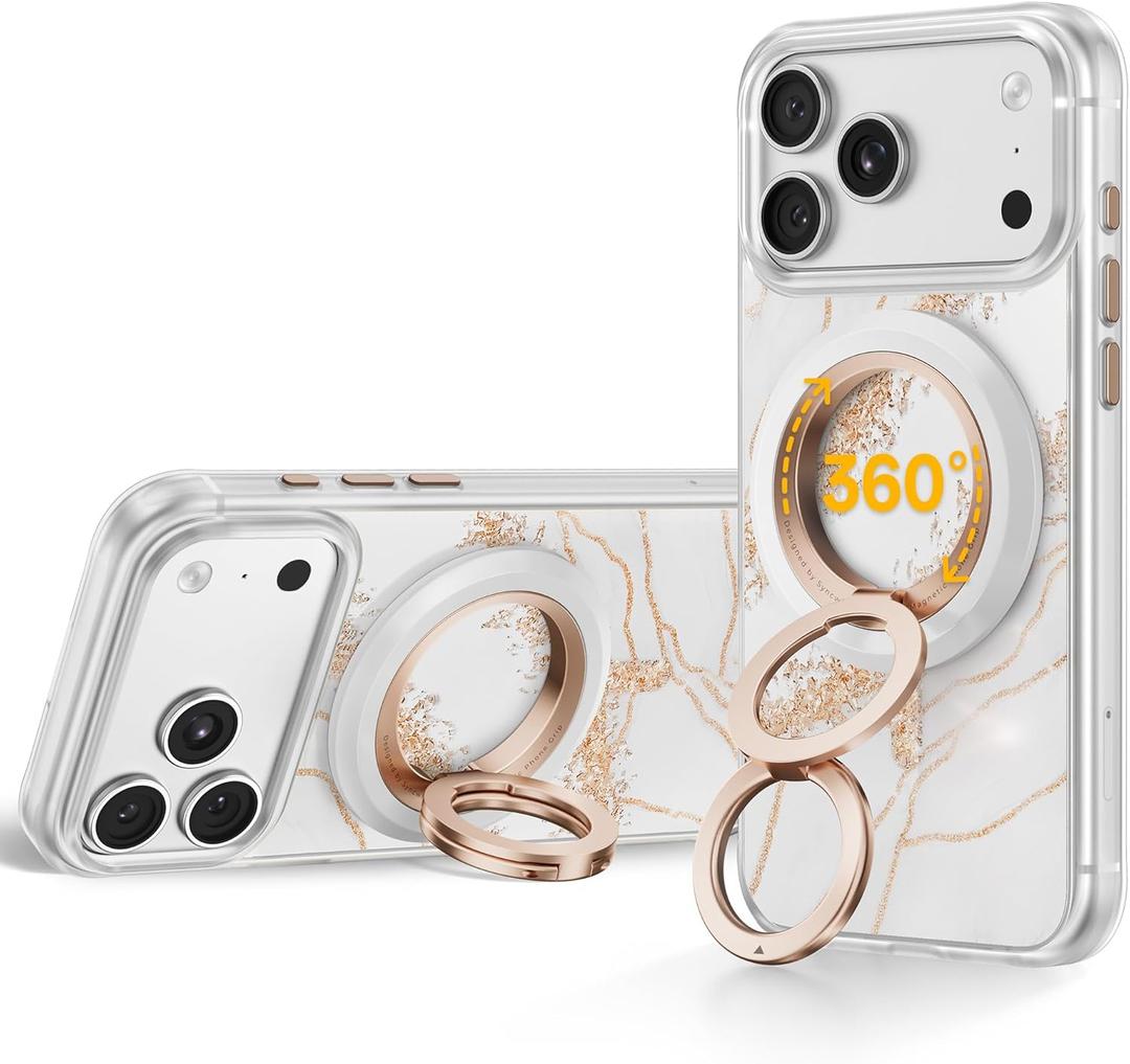 SYNCWIRE for MagSafe Ring Phone Holder, 360 Rotation Magnetic Cell Phone Grip Dual-Sided Magnets Phone Ring Kickstand Compatible with iPhone 17 16 15 14 13 12 Pro Max MagSafe, Android, Samsung etc. (Pearl Gold)