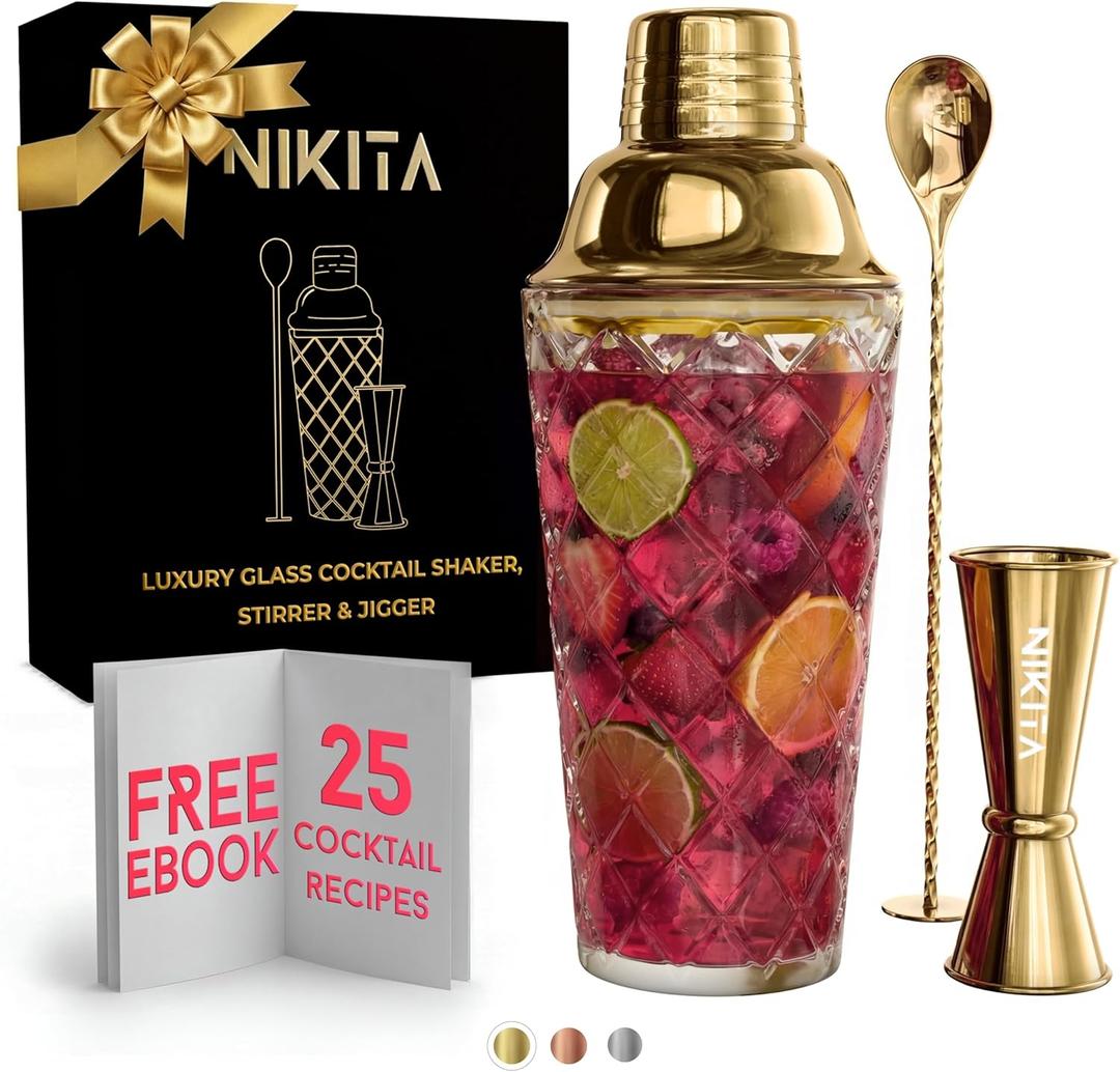Glass Cocktail Shaker Set - 5 Piece - Gold Martini Shaker Set with Strainer, Jigger, Spoon & Muddler - 16 oz Drink Shakers Cocktail - Ideal Gift for Home Bar & Drink Trolley Dcor