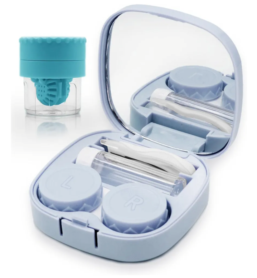 Contact Lens Case with Cleaner Washer, Travel Size Cute Colored Contact Lenses Applicator Removal Tool Kit with Mirror Solution Bottle for Daily Outdoor (Blue)