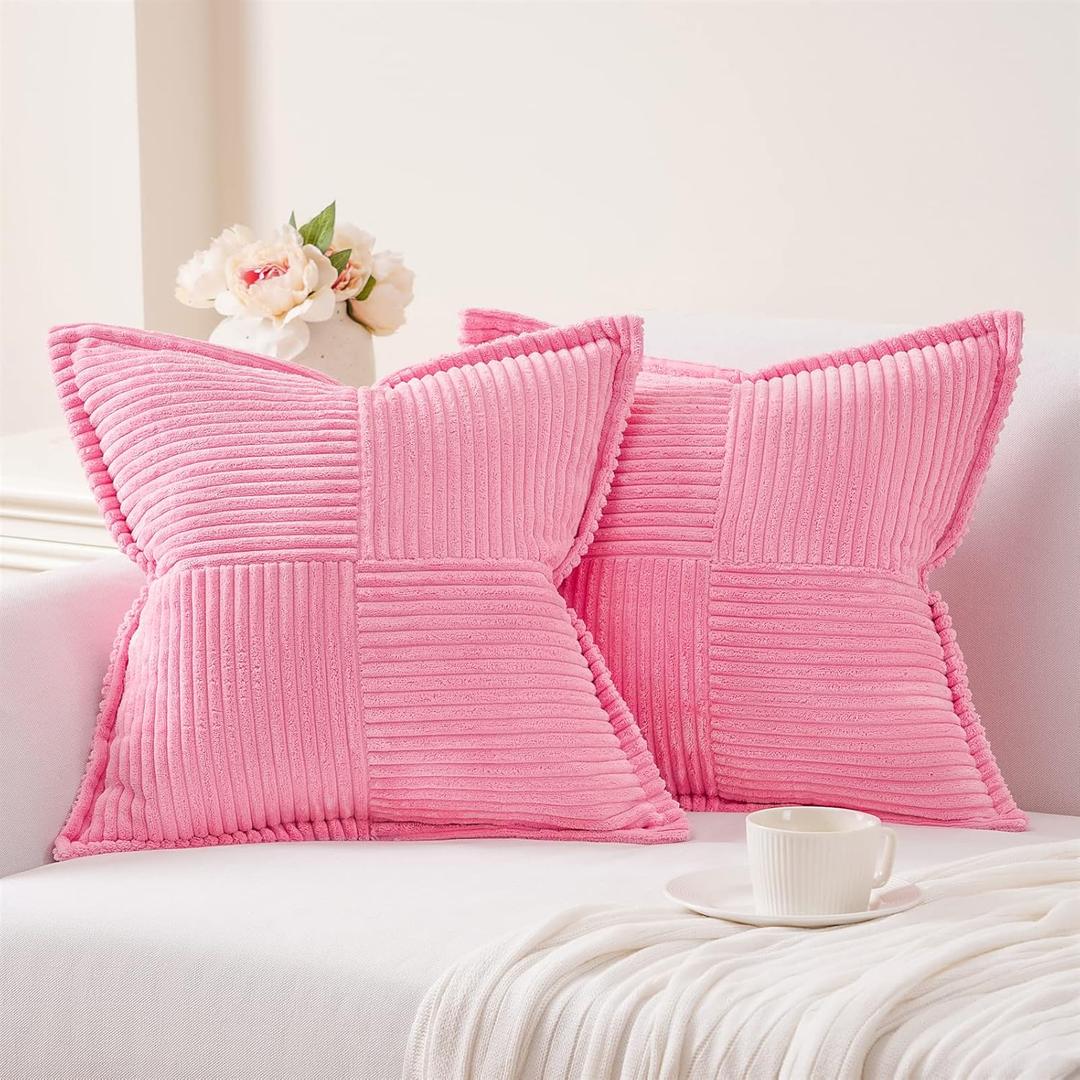 Topfinel Pink Throw Pillows Covers 18 x 18 Set of 2 for Couch Living Room, Splicing Corduroy Wide-Brimmed Decorative Cushion Covers, Rustic Farmhouse Pillowase for Girl's Bedroom Bed Sofa, Baby Pink