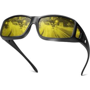 Night Vision Driving Glasses Fit Over Eyeglasses for Men Women, Anti-Glare Polarized Nighttime Glasses Yellow Lens