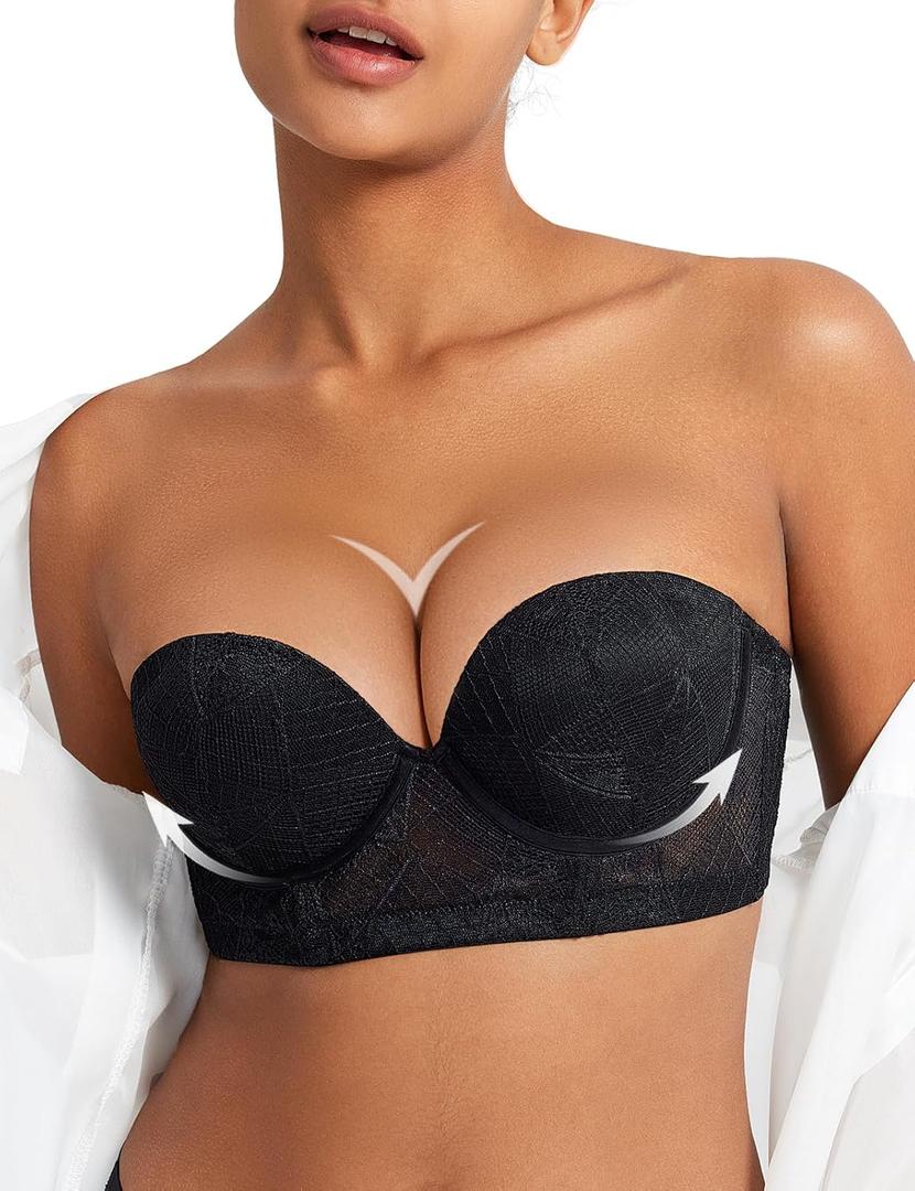 Strapless Push Up Bra for Women Padded Underwire Support Convertible Lace Longline Bombshell Bras (36C, Black)