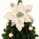 Soulchen 2 Pcs 18 Inch Champagne Gold Jumbo Giant Christmas Poinsettia Tree Topper Extra Large Xmas Tree Ornament Gold Christmas Decoration Glitter Poinsettia Flower for Wreath Garland Holiday Decor