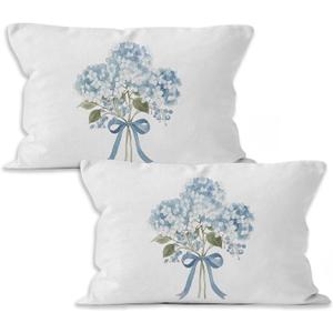 Blue Hydrangea Floral Throw Pillow Covers 16x24, Coquette Blue Bow Hydrangea Bouquet Decorative Pillow Covers for Girly Bedroom Room Dorm Apartment, Floral Accent Pillows Cover Pillowcases
