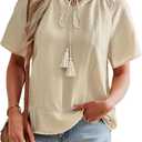 Womens Boho Tops V Neck Short Sleeve Lace Trim Blouses Peasant Tassel Tie Front Casual Cute Shirts (Beige, XL)