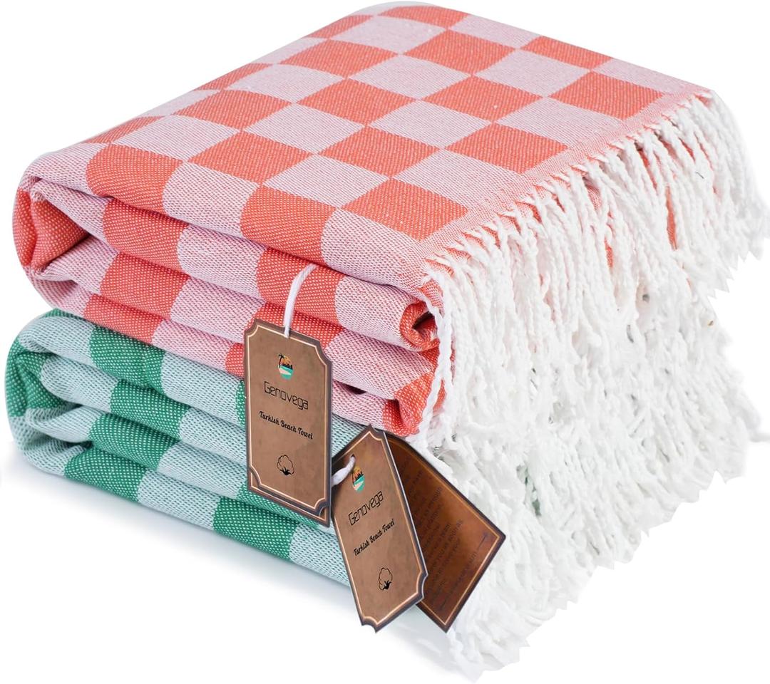 2 Packs Checkered Plaid Travel Towel Turkish Towel Beach Vacation Essentials Blanket Quick Dry Lightweight Hawaii Summer Necessities Europe Mexico Costa Rica Florida Trip Airplane Accessories Flight