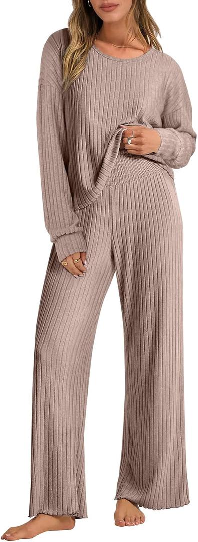 ANRABESS Women 2 Piece Lounge Pajamas Sets Casual Ribbed Knit Long Sleeve Top Pants Matching Set 2025 Fall Outfits Clothes (Large, Khaki)