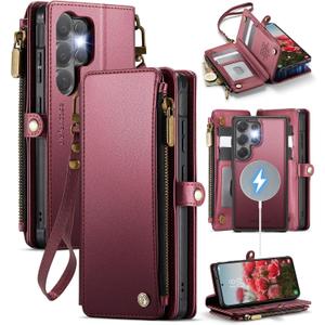Defencase for Samsung Galaxy S26 Ultra Magnetic Wallet Case Compatible with Magsafe with RFID Blocking Zipper & Card Holder Women, PU Leather Detachable Phone Case for Galaxy S26 Ultra 6.9", Wine Red