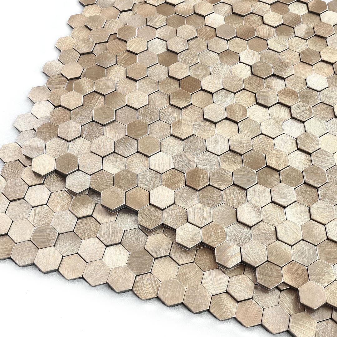 3D Metal Peel and Stick Backsplash for Kitchen,Mini Hexagon Tile Stickers Self Adhesive Wall Tiles Heat Resistant(8 Sheets,Champagne Gold)