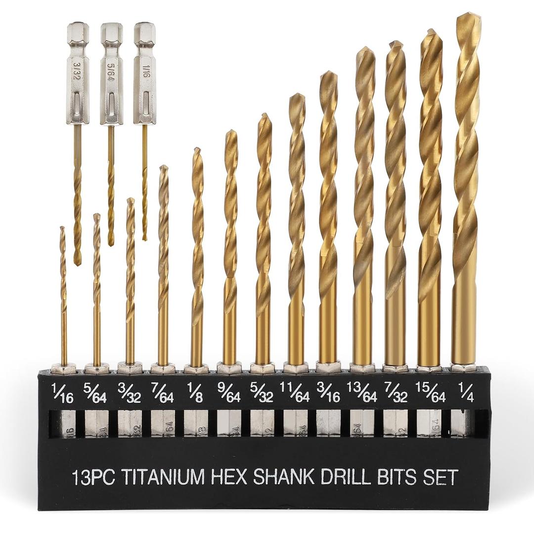 COMOWARE Titanium Twist Drill Bit Set - 16 Pcs Hex Shank High Speed Steel for Wood Plastic Aluminum Alloy, Quick Change, 1/16"-1/4" (Gold)