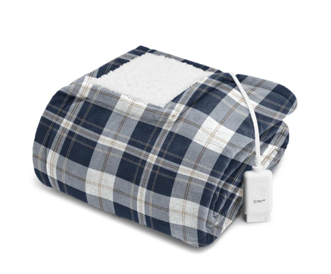 Sunbeam Oversized Microplush & Sherpa Heated Throw - Concord Blue Plaid 60 x 70 in