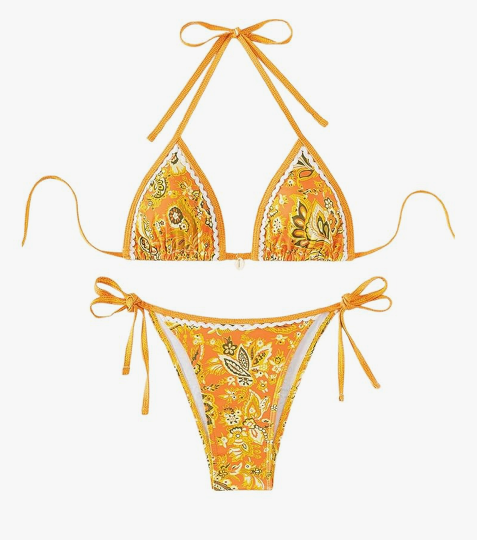 WDIRARA Women's 2 Piece Boho Swimsuits Floral Print Halter String Triangle Bikini Set Beach Bathing Suit, S