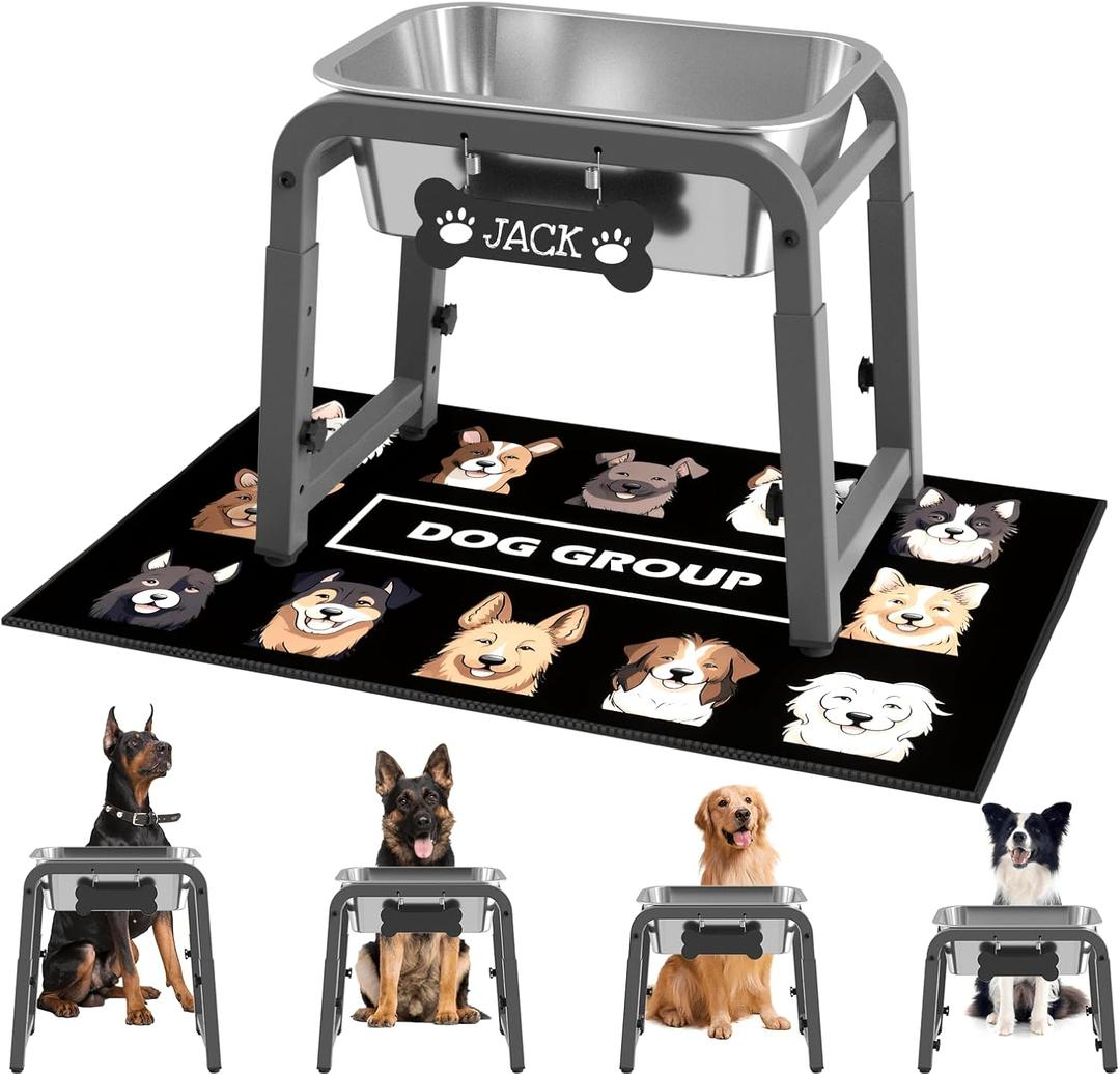 1.2 Gallon Elevated Dog Water Bowl, Height Adjustable (1117'') Raised Stainless Steel Bowl with Spill-Proof Mat & Sturdy Metal Stand, Tip-Proof, Easy to Clean, Indoor & Outdoor Use