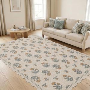 ORTIGIA Scalloped Easy Jute 5x7 Area Rug Vintage Yellow Floral Farmhouse Washable Rug Non-Slip Indoor Outdoor Carpet for Living Room Bedroom Patio Entryway
