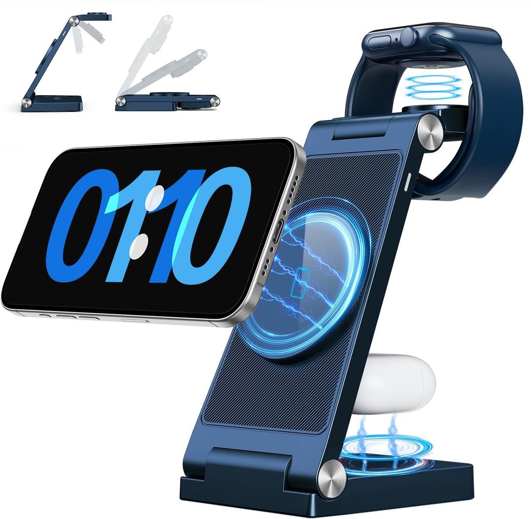 RYND 2025 Traveling Wireless Mag-Safe Fast Charging Station,Magnetic 3 in 1 Charger with Light for iPhone 16 15 14 13 12 Pro Max Plus,Apple Watch Series & Air pods 4 3 2 Pro-Gifts for Wife & Husband (Dark Blue)