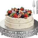 Wenqik 12 Inch Silver Cake Stand Set Metal Round Cupcake Dessert Stand with Cake Cutting, Flower Spatula Wedding Cupcake Pastry Display Candy Holder Display for Wedding Party Birthday Baby Shower
