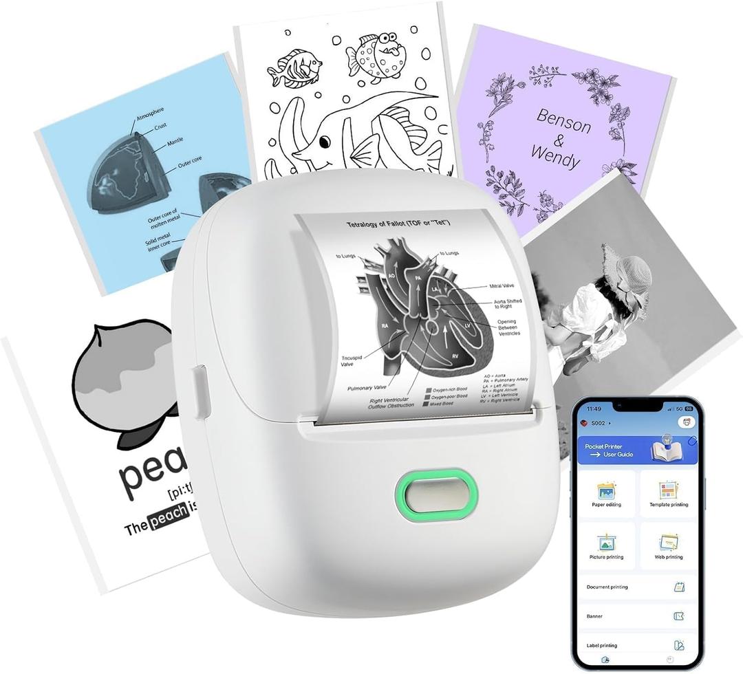 ORGSTA Sticker Printer Mini Printer S002 PrintPods Bluetooth Portable Sticker Maker with 1 Roll Paper Thermal Inkless Label Maker Machine Impresora Porttil Instant Print for Notes, Journal, DIY, Gift (White)