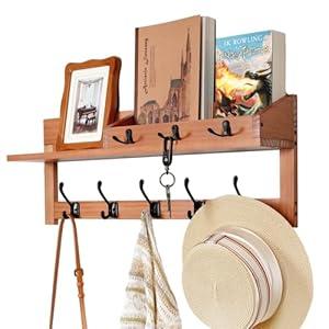 Coat Rack Wall Mount with Shelf, 26IN Wooden Coat Hanger Hooks Wall Mount with 5 Metal Hooks, Hanging Shelf with Hooks, Wood