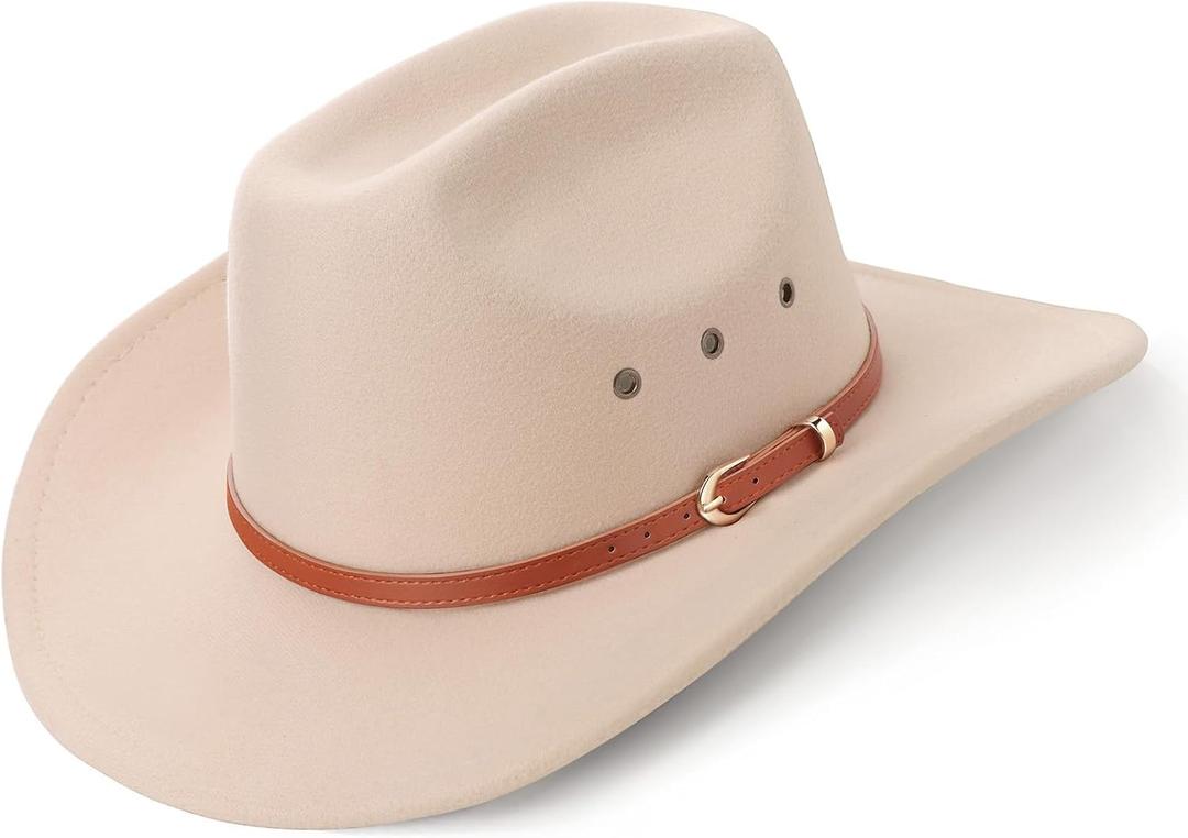 AQOKKA Western Cowboy Hats for Women Classic Felt Wide Brim Fedora Hat with Belt Buckle Retro Panama Hat Unisex Rolled up Cap, Large