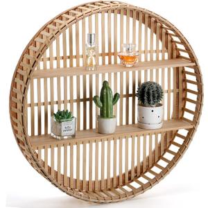 Pinkunn Rattan Wall Shelf Round Wicker Shelves Boho Wall Mounted Display Storage 2 Tier Circle Farmhouse Home Decorations for Dining Room Living Room Office Kitchen Bathroom, 23.62 x 23.62 x 4.72 inches