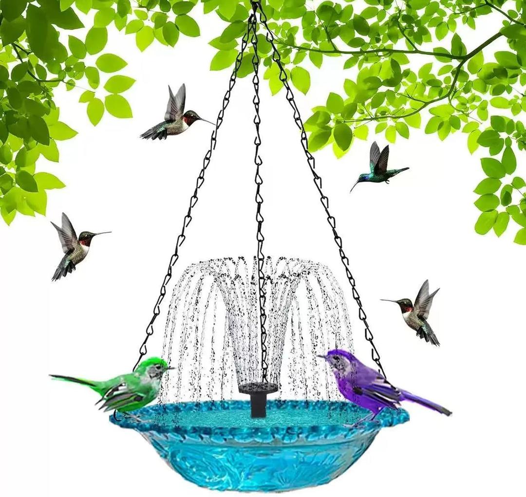 Solar Cascade Hanging Bird Bath Fountain, Outdoor Solar Powered Bird Bath with Large Glass Bowl, Weatherproof Hummingbird Bath Fountain for Garden Patio Balcony Yard Decor (Blue)