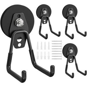 Magnetic Hooks Heavy Duty 4 Pack - 66mm Large Strong Magnet Hooks with Anti-Slip Rubber Coating for Garage, Workshop, Garden Tools, Power Drill, Pegboard (Black, Large)