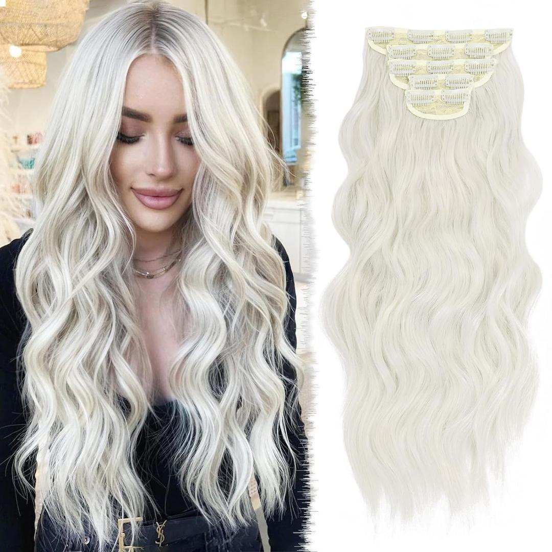 Clip in Hair Extensions for Women 20 Inch 5Pcs Long Wavy Curly Platinum Blonde with a little Gray Tone Hair Extensions Clip ins Full Head Synthetic Hair Extension for Women