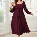 SCOMCHIC Women Plus Size Maxi Dress Long Sleeve Square Neck Wedding Guest Cocktail Belted Elegant Flowy A Line Long Dresses Burgundy 4XL