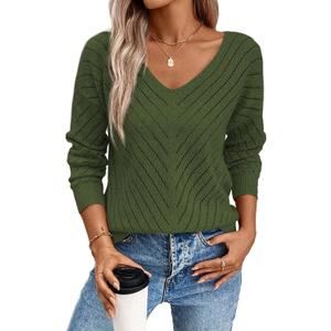 SHEWIN Womens Sweaters V Neck Long Sleeve Shirts Knit Hollow Out Crochet Sweater Fall Outfits for Women 2025 (Large, Four Leaf Clover)