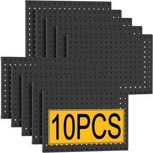 PBHEPJ 10 Pcs Metal Pegboard Panels, Heavy Duty Peg Boards for Garage and Garden Tool Storage, Includes Drywall Anchors and Screws Kits, Black (10 pcs 16in x 12in) (80" x 24")