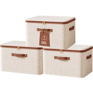 Tuza 3 Pcs Rigid Storage Bins with Zipper Lid, Cotton Linen Fabric Storage Boxes, Foldable Shelves Clothes Storage Cubes with Handles for Wardrobe, Closet(Beige, 56L)