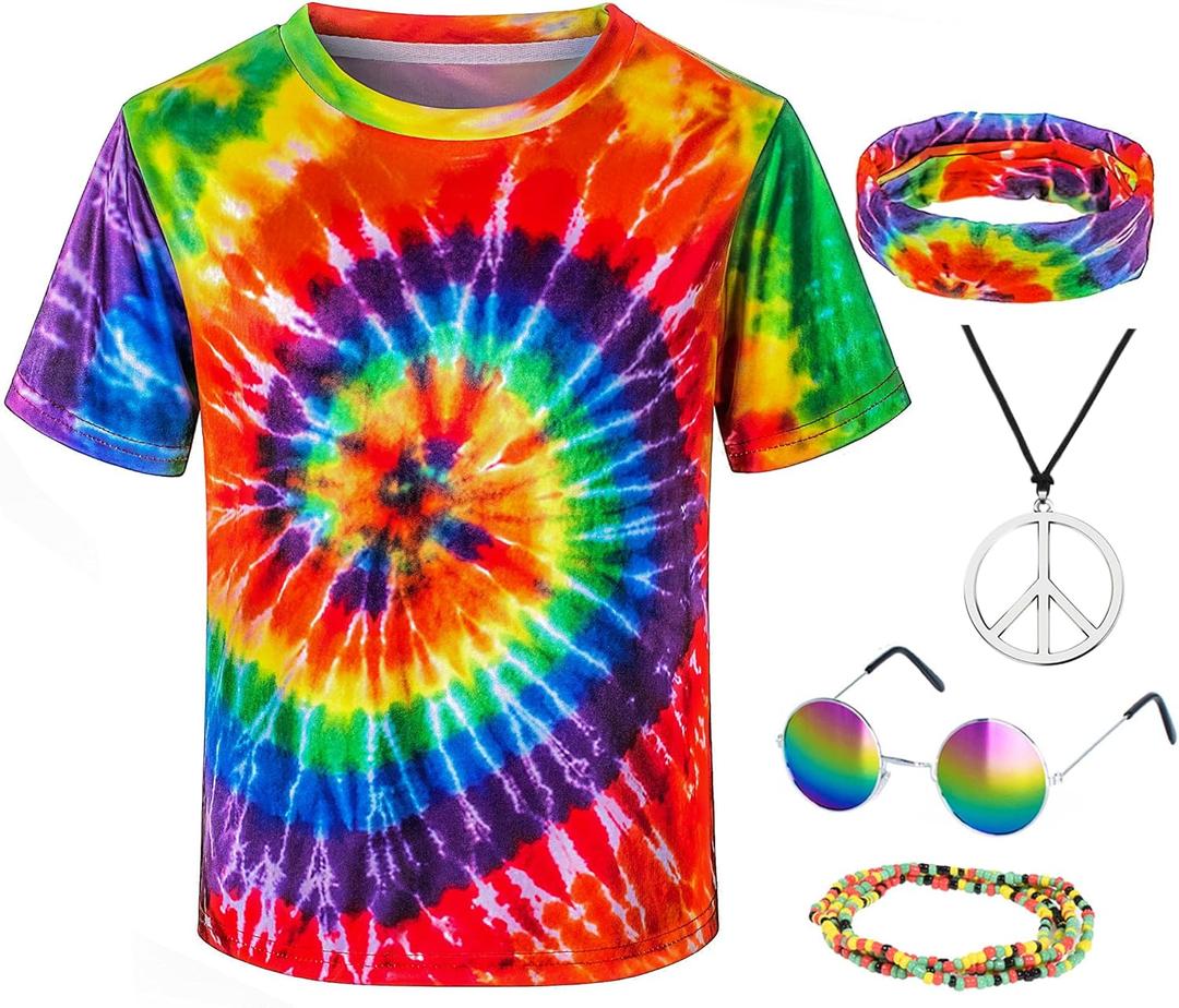 Kids Hippie Costume for Boys Girls 60s 70s T-Shirt 5Pcs Set for Halloween Party 3-12 Years (Colorful)