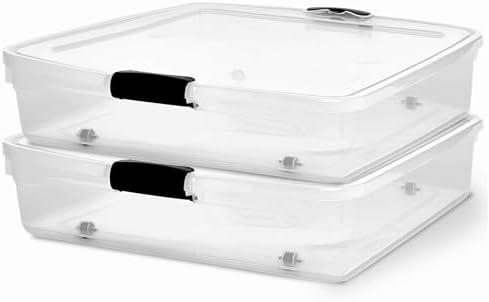 Homz Large 56 Quart Full/Queen Stackable Underbed Storage Bin, Clear Plastic Container with Rolling Wheels for Under Bed Use, 2 Pack