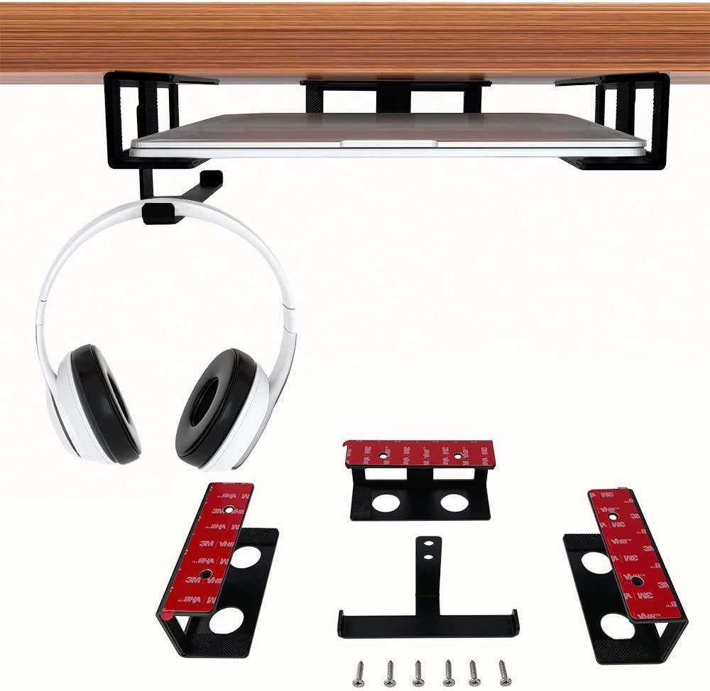 IFCASE Under Desk Laptop Mount & Headphone Holder with Adhesive & Screw, Hard Aluminum Under Table Desk Holder for Laptop, Mac mini, MacBook Pro (Black)