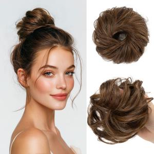 CJL HAIR 2PCs Small Cute Messy Bun Hair Piece for Thin Hair Women Mini Synthetic Curly Bun Scrunchies Updo Hairpieces Chocolate
