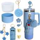 Accessories for Stanley Cup 40oz,2 Silicone Boots for Stanley Tumbler,1 Flower Straw Cover Topper,2 Charms Hooks,1 Lipstick Holder Bag,1 Pompom Ball,1 Cute Keychain Charms (Light Blue) 2 Pack