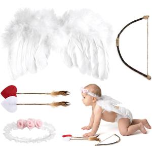 AMOR PRESENT Baby Angel Wings, 5PCS Newborn Photoshoot Clothes White Angel Feather Wing Baby Cupid Costume Set with Headband Bow Swords Photo Prop Outfit 0-18 Months