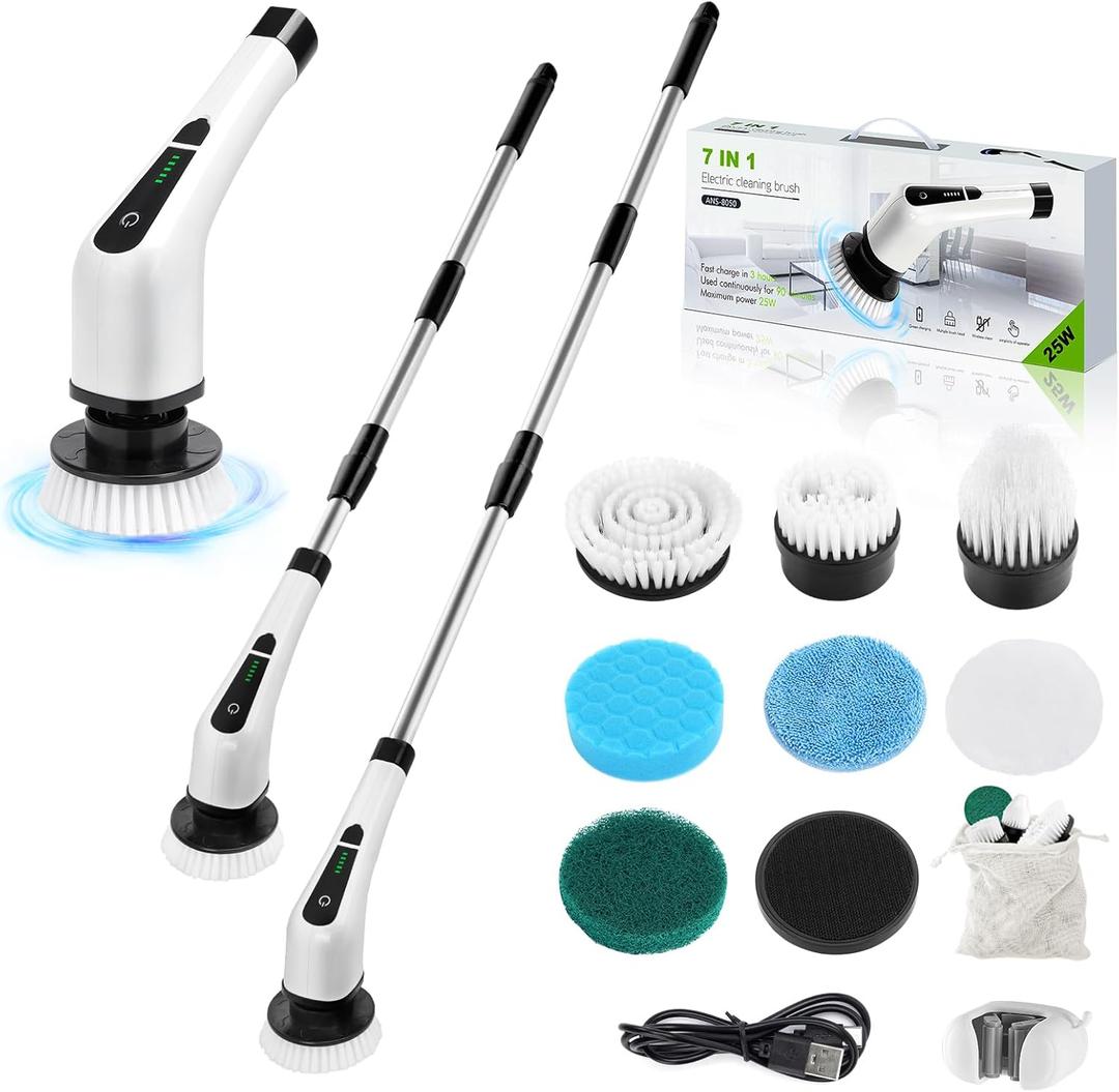 Electric Spin Scrubber, Cordless Bathroom Tub Scrubber with Long Handle & 7 Replaceable Cleaning Heads, Extension as Short Handle, Portable Power Shower Brush Household Tools for Tile Floor (White)