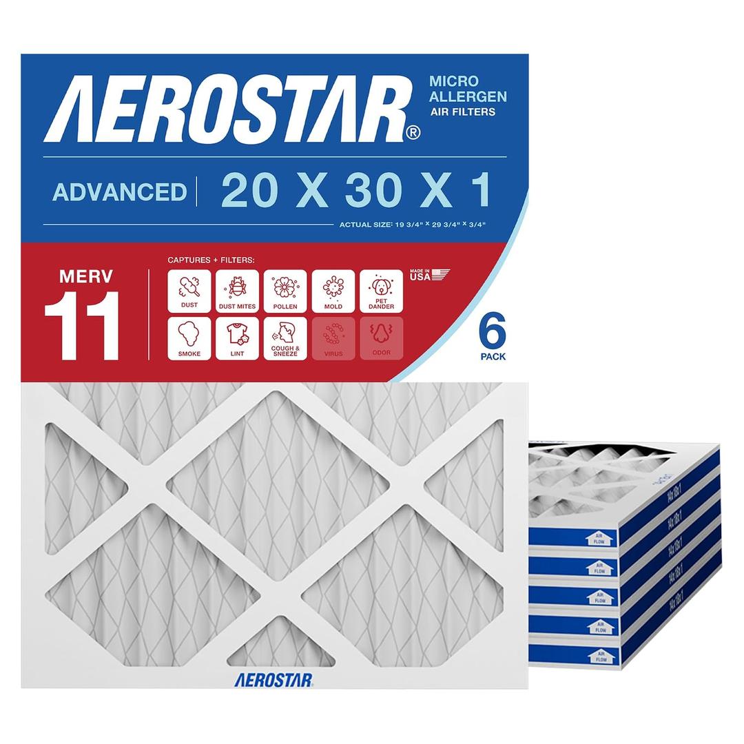 Aerostar 20x30x1 MERV 11 - 6 Count - Pleated HVAC, Furnace & Air Conditioner Filters - Removes Dust, Cold & Flu Germs, Lint, Mold, Pet Dander, Allergy-Causing Pollen, Smog & Smoke