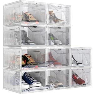 AWTATOS Shoe Boxes with Magnetic Door, Stackable Shoe Storage Organizer with Lids, Folding Shoe Rack for High Heels, Thickened Sneaker Storage Container, 10 Pack, Clear