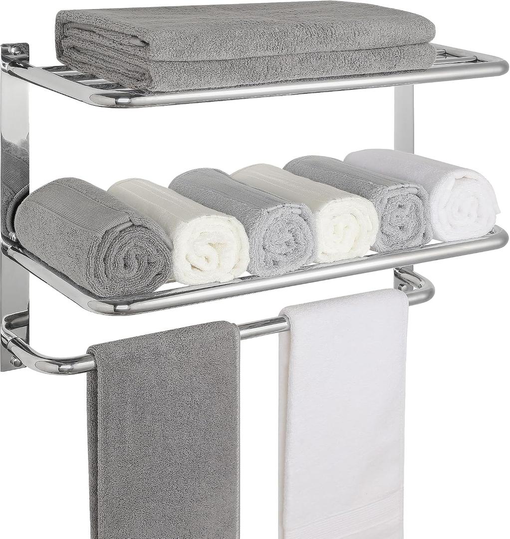 Towel Rack for Bathroom, DEWVIE 23 Inch Tower Holder with Tower Bars, SUS 304 Stainless Steel Lavatory Bath Towel Shelf Towel Hanger Wall Mount, 3-Tier (Brushed Nickel)