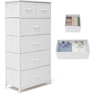 Fabric Dresser for Bedroom, Tall Skinny Dresser with 6 Drawers, Storage Organizer Tower, Steel Frame Wooden Top for Closet, Living Room, Hallway(White), 11.8"D x 23.2"W x 45.8"H