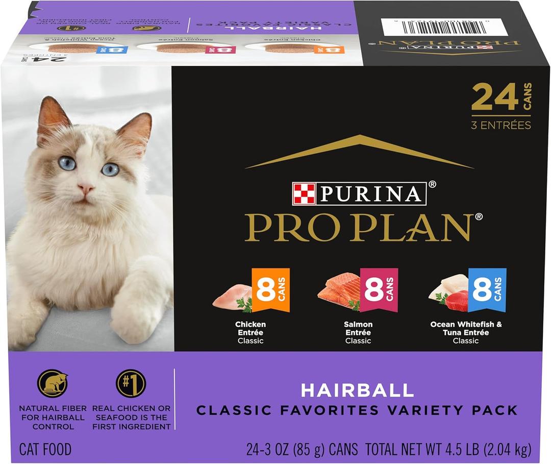 Purina Pro Plan Hairball Control Cat Food, Wet Cat Food Variety Pack, Hairball Control Entrees - (Pack of 24) 3 oz. Cans (EXP 05/01/27)